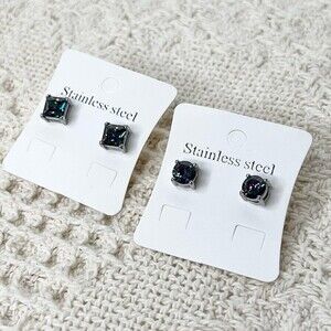 Set of Two Stainless Steel Dark Rainbow Rhinestone Stud Earrings Square Round